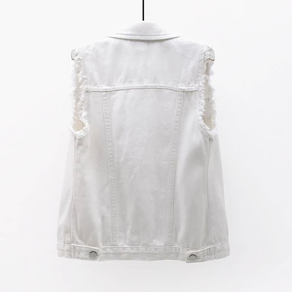 Dame Vår- og Høstfrakk Ensfarget Ermeløs Denimjakke White m