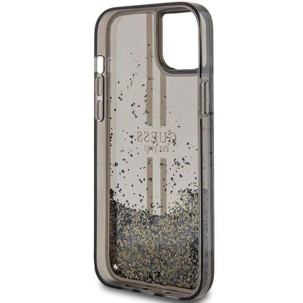 Guess Liquid Glitter Gold Stripes-deksel til iPhone 15 Plus / 14 Plus - svart