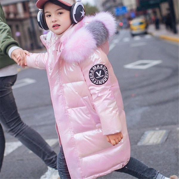 Talvi lapset tytöt takki kiiltävä takki paksu lumi alas reiden puolivälissä pehmustettu lämmin huppu Pink 120cm