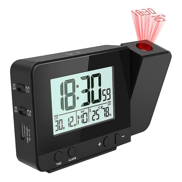 Digital vekkerklokke med projeksjon for soverom, 2024, Stor vekkerklokke med projeksjon på taket, USB-port, batteribackup, 180-graders projektor, LED-skjerm