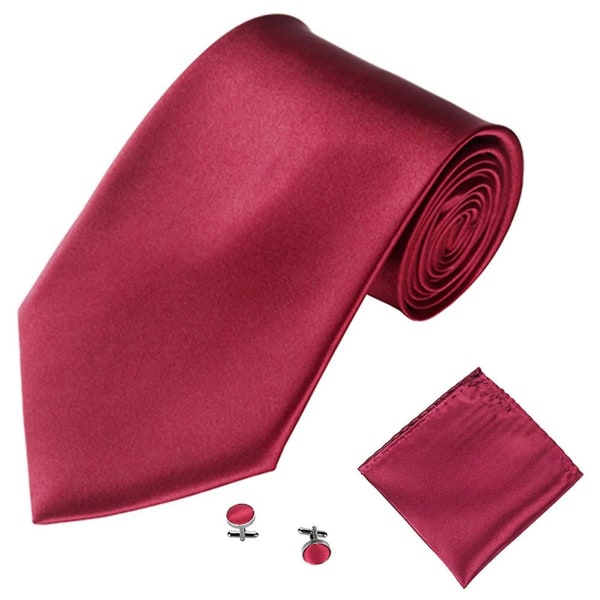 Herremote Ensfargede Drakter Slips Slips Mansjettknapper Hanky ​​Sett Tuxedo Suit Claret