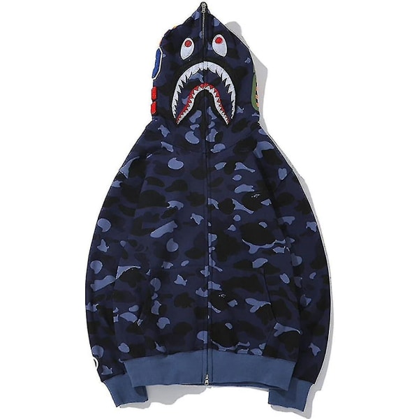 Shark Ape Bape Huppari Camo-Painatus Polyesteri Neule Rentoutunut Vetoketjullinen Huppari Takki Miehille Naisille Camouflage Blue 2XL