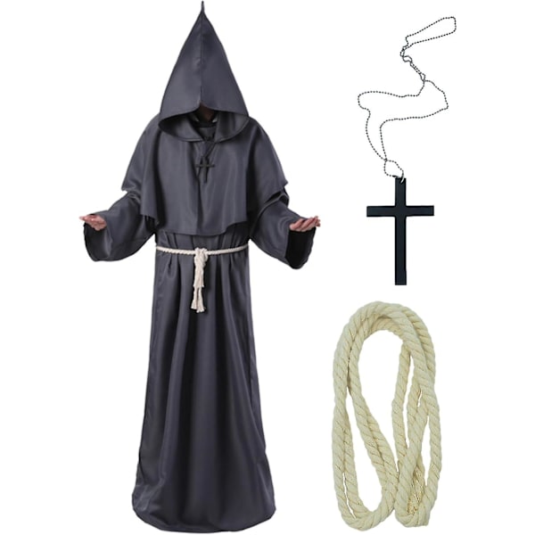 Unisex Aikuisten Keskiaikainen Takki Puku Munkki Huppu Takki Viitta Friar Pappi Noita Halloween Tunika Puku 3kpl Grey XX-Large