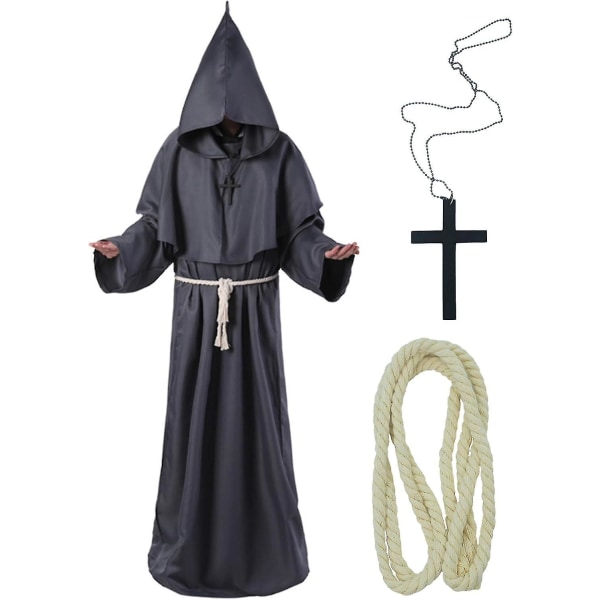 Unisex voksen middelalderkåbe kostume munk hættekåbe kappe broder præst troldmand halloween tunika kostume 3 stk. Grey Medium