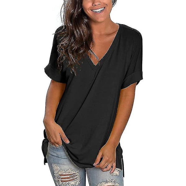 Dame T-skjorte Sommer Topper 2022 Sommer V-hals Løstsittende Casual Black M