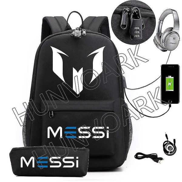 Messi Vattentät Ryggsäck USB-Laddning Casual Reseryggsäck Kvinnor Män Stor Kapacitet Resa Laptop Ryggsäck Skolväska Gold