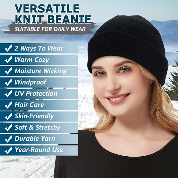 Strikket Hat med Foldet Kant, 2-pak Unisex Klassisk Strikket Hat Stræk Blød Tyk Varmt Vinter Hverdag Hat Sort