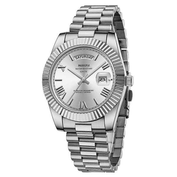NIBOSI 2628 Moderne Herre Stålrem Kalender Quartz Ur - Sølvrem Sort Urskive Multicolor Silver Strap White Dial