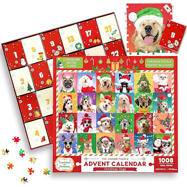 Puslespil Julekalender 2023, 1008 Brikker Julehunde Puslespil, 24 Dages Jule Nedtælling Julekalendere, Julegave