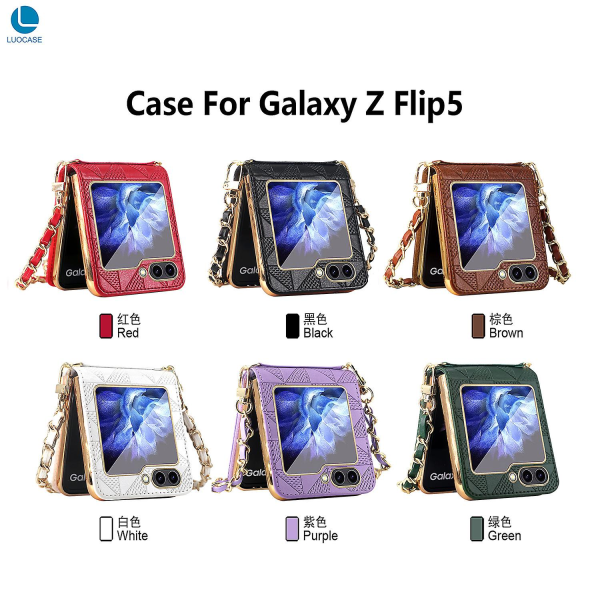 Z Flip 5 Case, Pu - Case Yhteensopiva Samsung Galaxy Z Flip 5 Takana näytönsuojalla ja hihnalla ja saranasuojalla Black