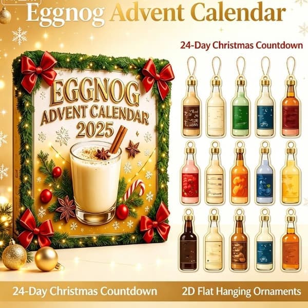 Eggnog Adventskalender 2026, 24-dagers julnedtelling med 2D-flate hengende flaskepynt