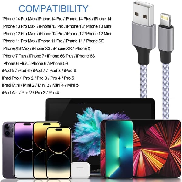 Oplader til iPhone, Lightning-kabel 3-pak 6FT USB-opladerkabel