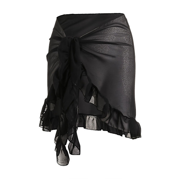 Tynd Mesh Mini Ruffle Skørt Kvinder Cover Up Tassel Kjole Bikini Badetøj Skørt Kvinder Badetøj Strandtøj Wrap Black
