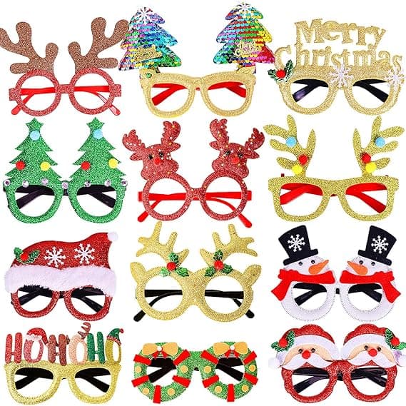 12 stk Glitter Julebriller - Festbriller til Jul - Julepynt - Tilbehør - Kostymebriller Y