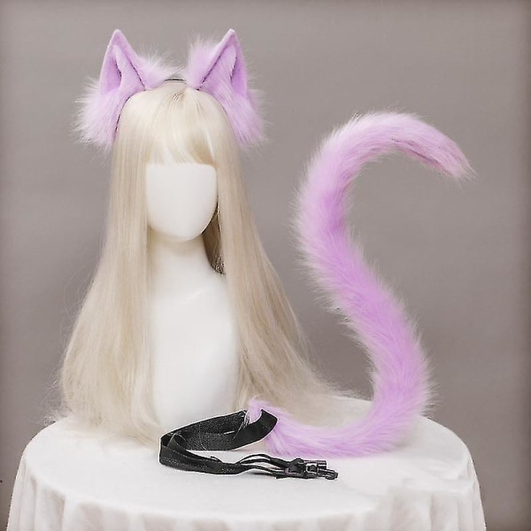 Plysch kattöron Realistiska Lolita Pannband Katt Svans Cosplay Tillbehör Handgjorda Simuleringsdjursöron Halloween Huvudbonader Kawaii Pink-tail