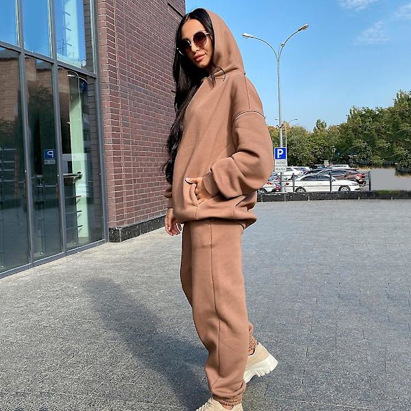 2-delt Hoodie-sæt med ensfarvet pullover-trøje & sweatpants - Tykt tracksuit Camel XL
