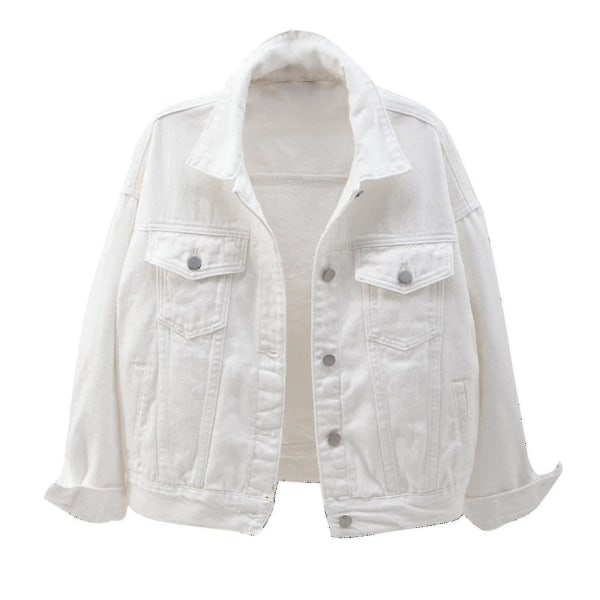 Kvinnor vår- och höstkappor Varma solida långärmade jeansjacka Ytterkläder White XXXL