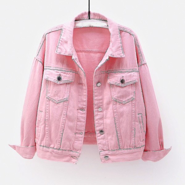 Damejakke i denim, varm, langærmet, helfarvet, vår og høst Pink S
