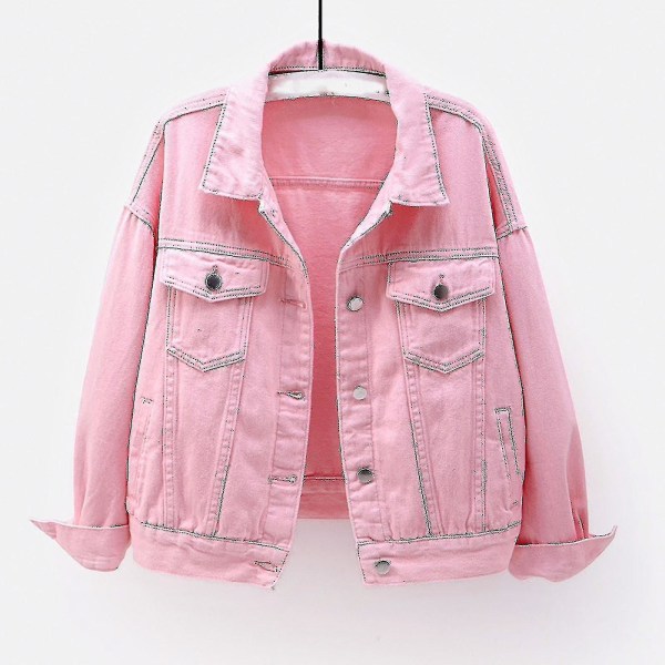 Kvinder forår og efterår frakker Varm solid langærmet denimjakke Overtøj Pink S