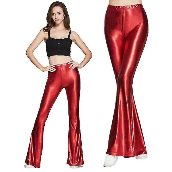 Damernas 70-tals Mermaid Glittrande Metalliska Flare-Benbyxor Hippie Metallbyxor Yogabyxor Red M