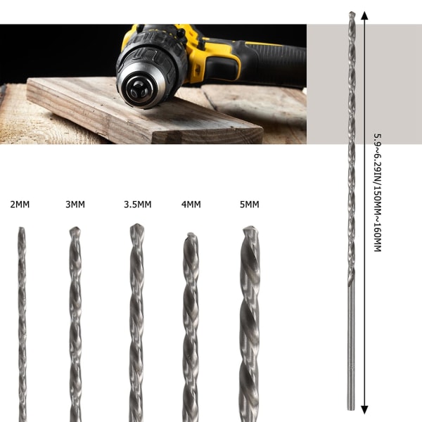 5 stk Ekstra Lange Højhastigheds Stål Bor Sæt Lige Twist Borværktøj 2-5mm Til Træ