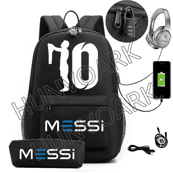 Messi vedenpitävä reppu USB casual matkareppu naisten miesten suurikapasiteettinen matkareppu kannettava reppu koululaukut Green