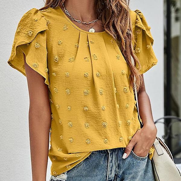 Damet-shirt med rund hals, Chiffon Top med Polka Dots, Tunika Bluser, Casual Bluser med Petal-ærmer Yellow XL