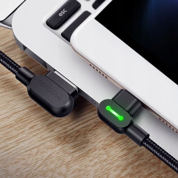 MCDODO VINKELKABEL 90° MICRO USB HURTIGLADING DOBBELSIDIG QC 3 LED 2M