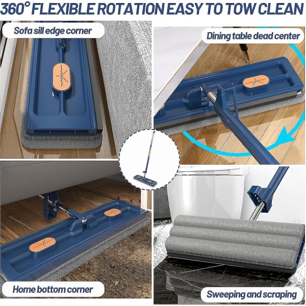 Stor Platt Moppset, 360° Swivel Mopp med Urvridningsfunktion, Golvmoppset Platt Mopp med Återanvändbara Mikrofibermoppdynor (blå - Med 2 Moppdynor)