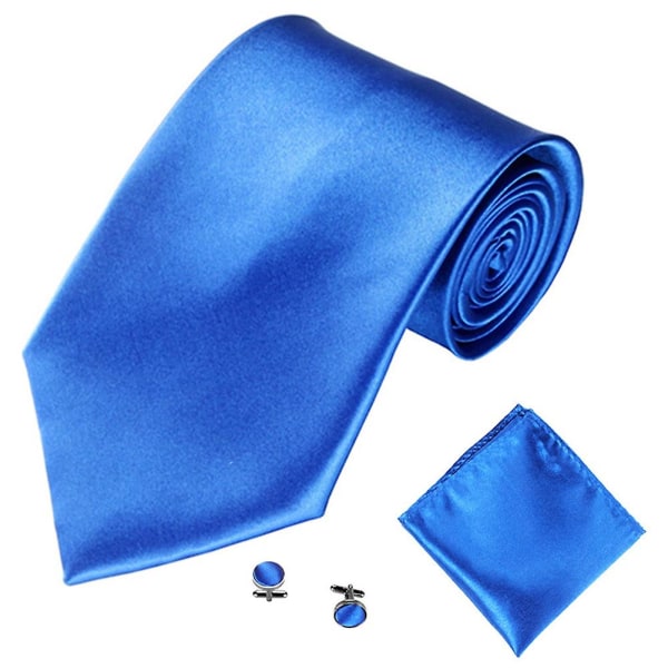 Herremote Ensfargede Drakter Slips Slips Mansjettknapper Hanky ​​Sett Tuxedo Suit Sapphire Blue