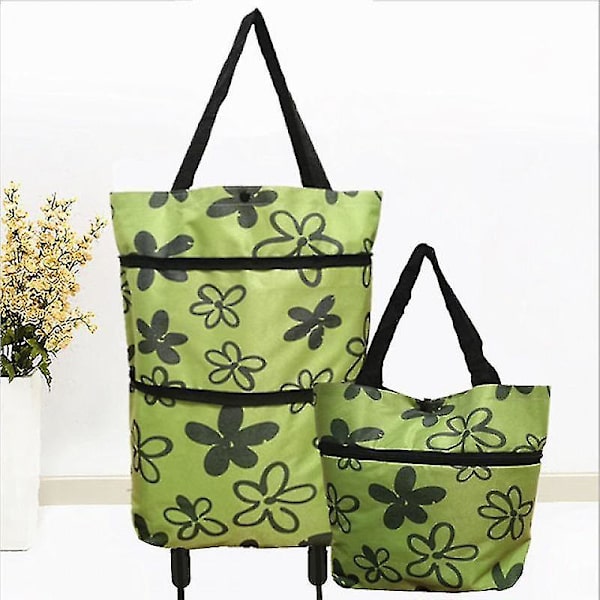 2 i 1 Foldbar Indkøbsvogn Sammenklappelig To-trins Lynlås Foldbar Indkøbspose Med Hjul Green Flower