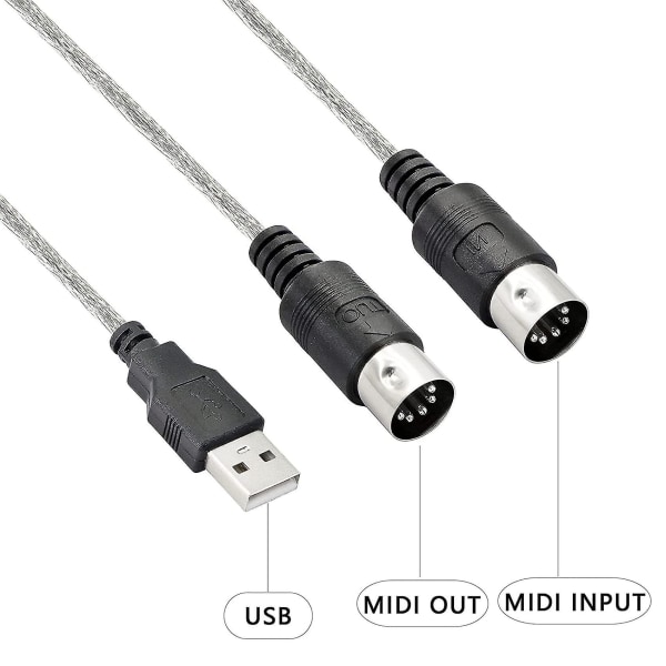 USB midi-kaapelisovitin, USB tyyppi A uros-midi-din 5-nastainen sisään-uloskaapeliliitäntä LED-ilmaisimella