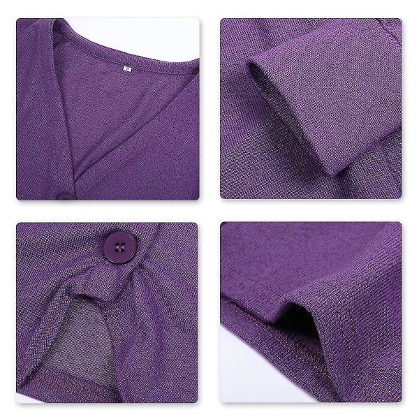Bomuld Dame V-hals Fashion Design Løs ensfarvet Casual Cardigan 15 farver Purple XL