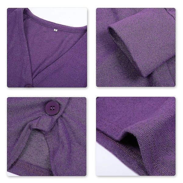 Bomull Dame V-hals Mote Design Løs Ensfarge Casual Cardigan 15 farger Purple M