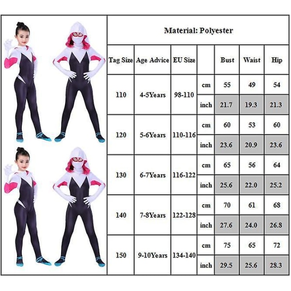 4-10 år Børn Piger Spider Gwen Med Maske Cosplay Jumpsuit Kostume 6-7 Years