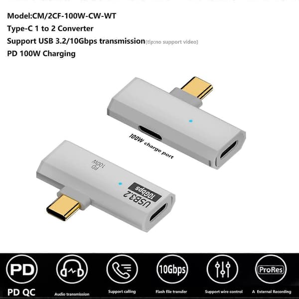 USB-C / Type-C Hann til Dobbel Type-C Hunn USB3.2/10Gbps OTG-Konverter PD100W Ladeadapter White