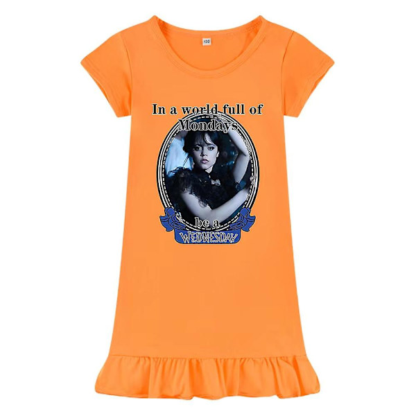 Barnflickor Wednesday Addams Tryckt Addams Familj Tema Sovklänning Kortärmad Sommar Rundhalslös Lös orange 100