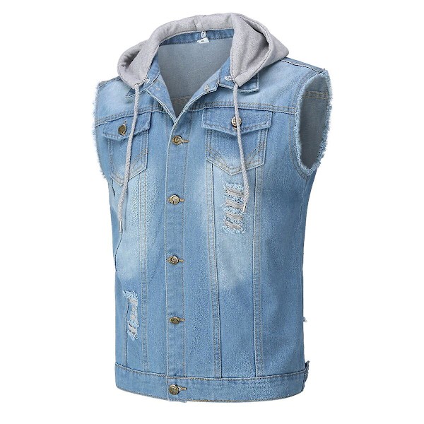 YOUTHUP Mænds Hættetrøje Denim Vest Casual Vintage Ripped Yderbeklædning Cowboy Gilet Blue 3XL
