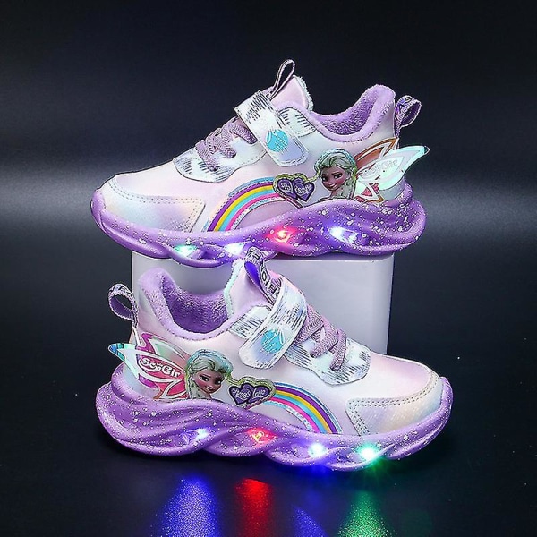 Tjejer Led Casual Sneakers Elsa Princess Print Utomhusskor Barn Light-up Halkfria skor för vår och vinter Purple P 32-insole 20cm