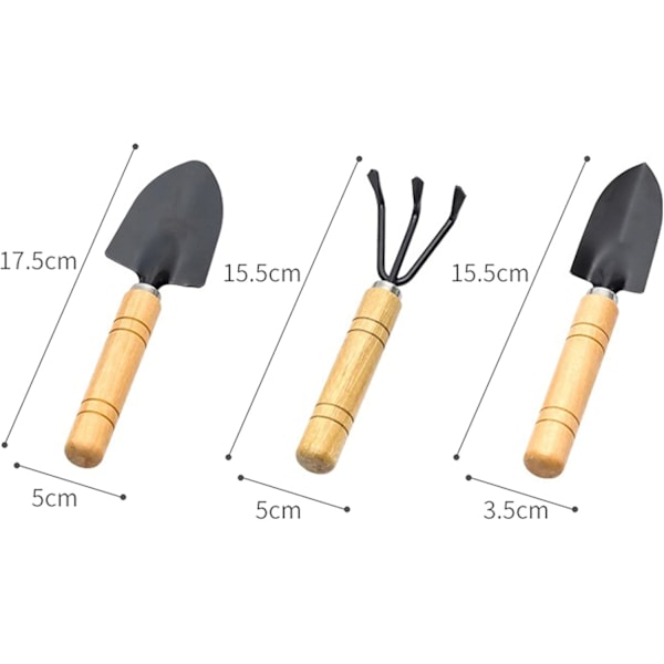 Mini hageverktøysett, 3-delt hagesett med spader og rive, svart anti-rustbelegg, perfekt for potteplanter