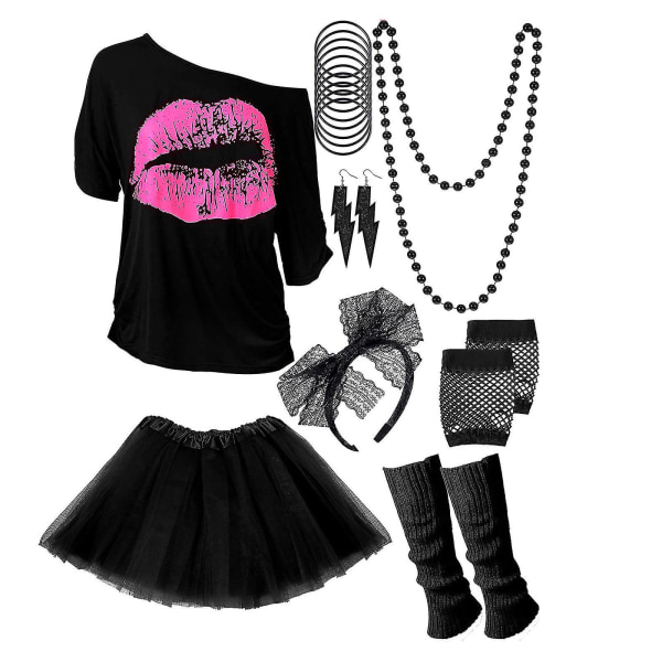 80s Costume Accessories Set T-shirt Tutu Headband Earring Necklace Leg Warmers, Mesh Gloves - Snngv