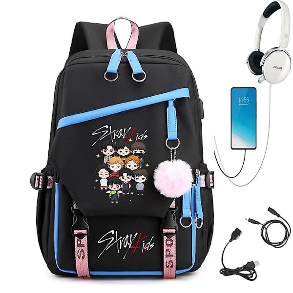 Stray Kids Combo Runt Skolan Väska USB Ryggsäck Skolryggsäck Koreansk Student Herr- Och Damväskor