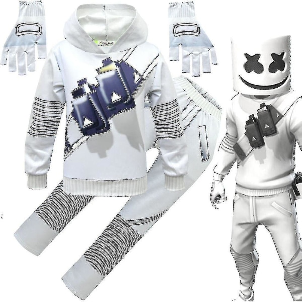 Ny 2023 Dj Marshmello Barn Vit 3D-Tryckt Tröja Set Halloween Karneval Party Kostym 150cm