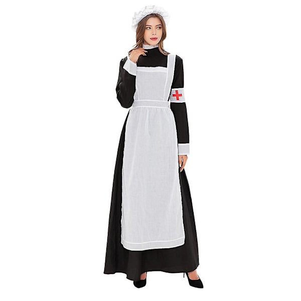 Halloween-kostymer för kvinnor, Cosplay-piga-klänning, Show-kostym, Sjuksköterska-rollspel, Lång klänning XL
