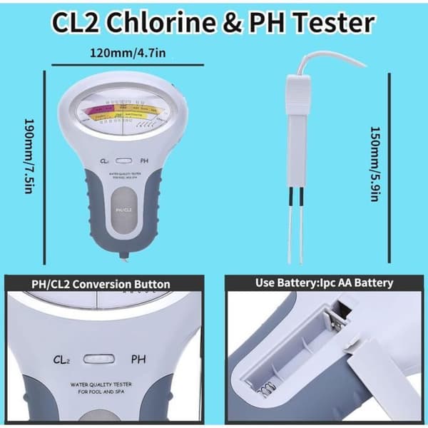 OKZ CL2 Digital Tester - Multifunktions LCD - Klor- & pH-måler - Til swimmingpools og spa
