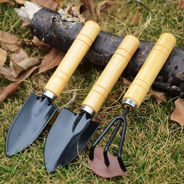 Mini hageverktøysett, 3-delt hagesett med spader og rive, svart anti-rustbelegg, perfekt for potteplanter