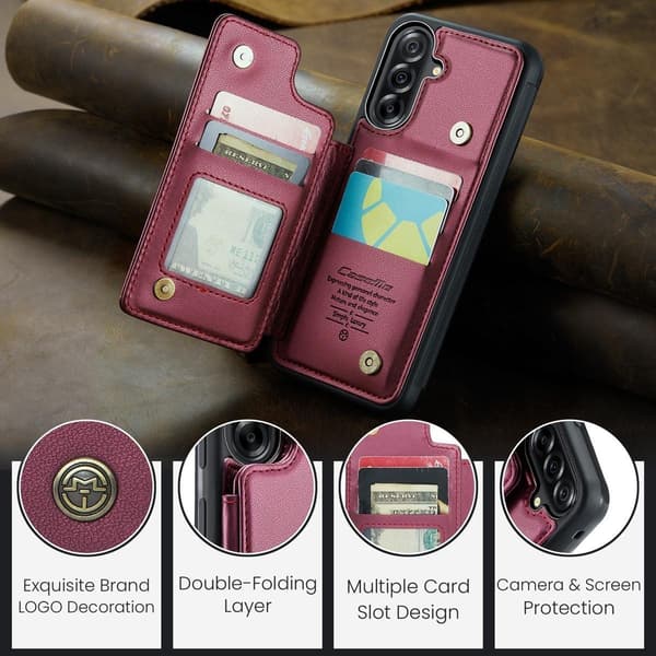 (For Samsung A56 5G) PU Leather Wallet Case with RFID Protection and Stand Function, 5 Card Slots, Double Magnetic Closure röd