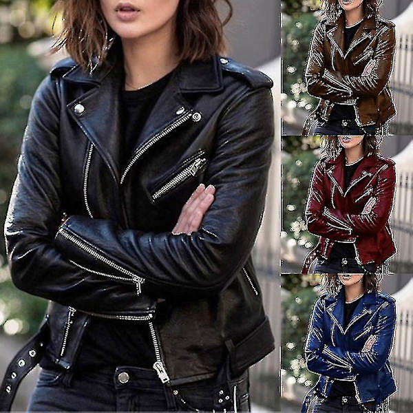 Solid Efterårs Kvinder Cykeljakke Kunstlæder Overtøj Lynlås Outfit Forår Efterår Kvinder Mode Kort Tynd Kvinde Jakke Frakke Hurtig Style B Black L