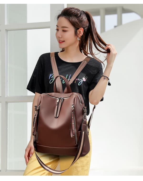 Women's Slanted Backpack, Soft Leather Backpack, Waterproof Backpack, Multifunctional Youth Student Bag (Color: Dark Brown)