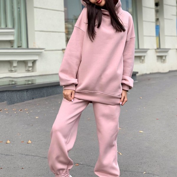 2-delt hettegensersett ensfarget genser genser og joggebukse tykk treningsdress Pink L